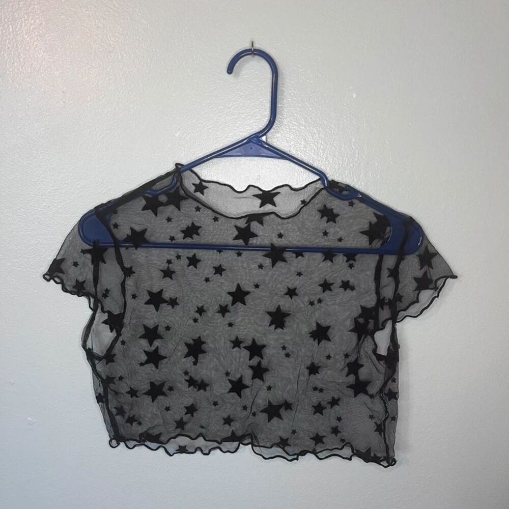 Black Sheer Star Print Crop Top Mesh Short Sleeve